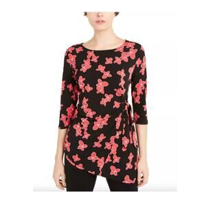 Alfani Black & Red Floral Side Tie Blouse Top Size M